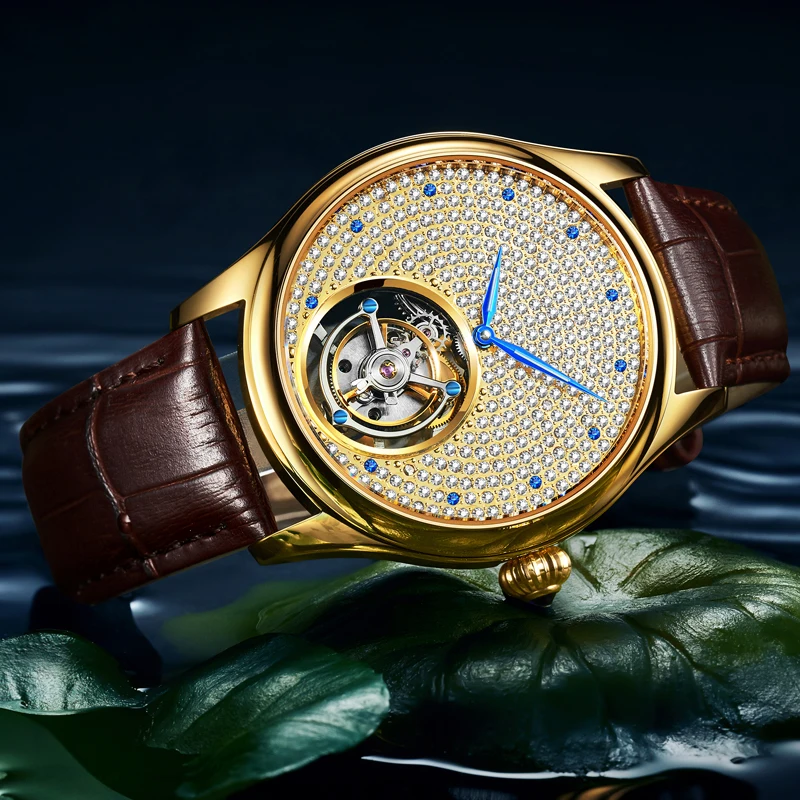 Настоящие Tourbillon сапфировые мужские часы Топ бренд Роскошные Стразы Часы Мужские механические часы золотые мужские часы