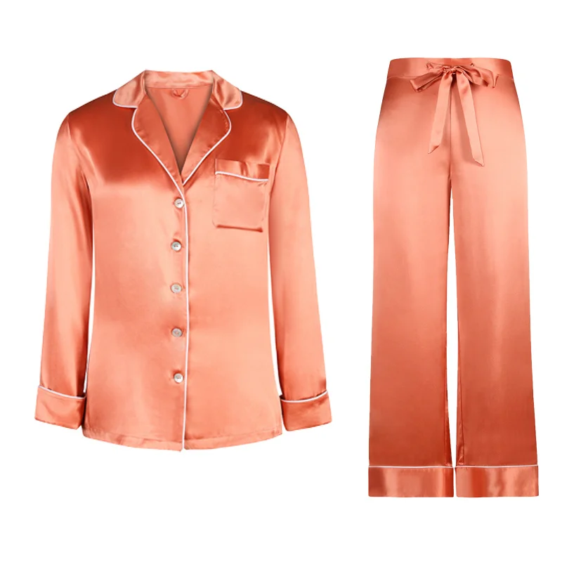 Peach Orange Женские пижамы из чистого шелка, одноцветные пижамы из двух частей, блузка и штаны, пижамы для женщин, домашняя одежда, костюмы из натурального шелка, пижамы для взрослых - Цвет: Peach Orange