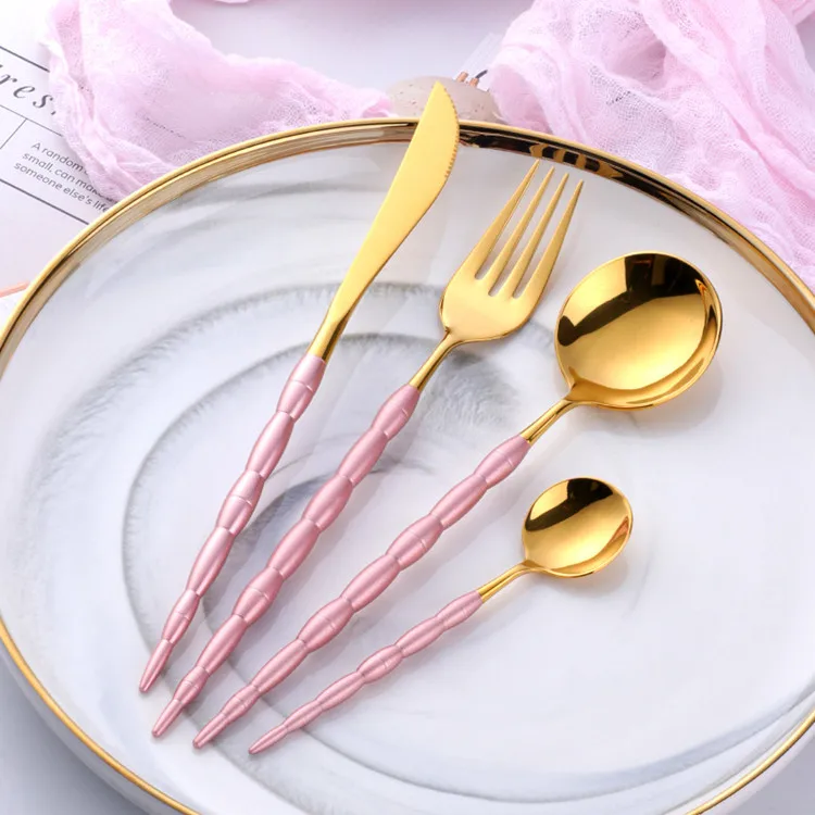Pink Gold 16/24 шт. уникальная ручккие посуды набор Нержавеющая сталь набор столовых приборов Золотой Ресторан посуда набор столовый Ножи вилка ложка Xmas - Цвет: Pink Gold