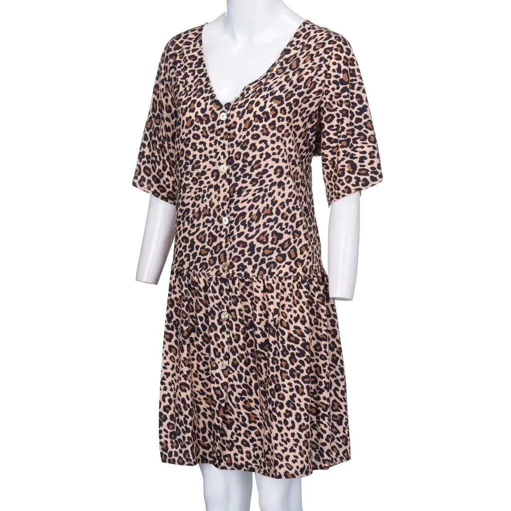 Dress Sexy Womens Fashion Ladies Open Leopard Splice Print V-Neck Button Dresses Casual Mini Summer Vestidos 19MAR30 | Женская одежда
