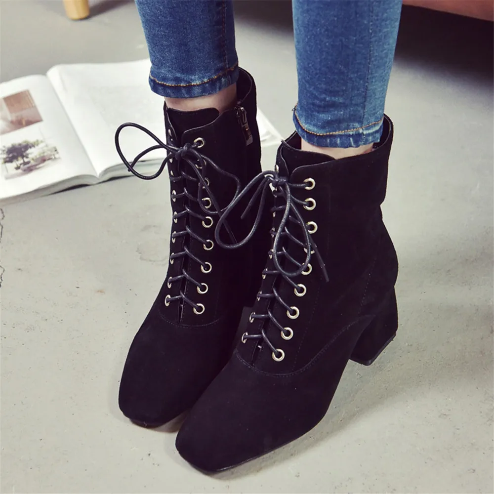 

Drestrive Cow Suede Large Size 42 Women Ankle Boots Zipper Cross Tied Square Toe Winter Shoes Thick Heel 6 cm Western 2020