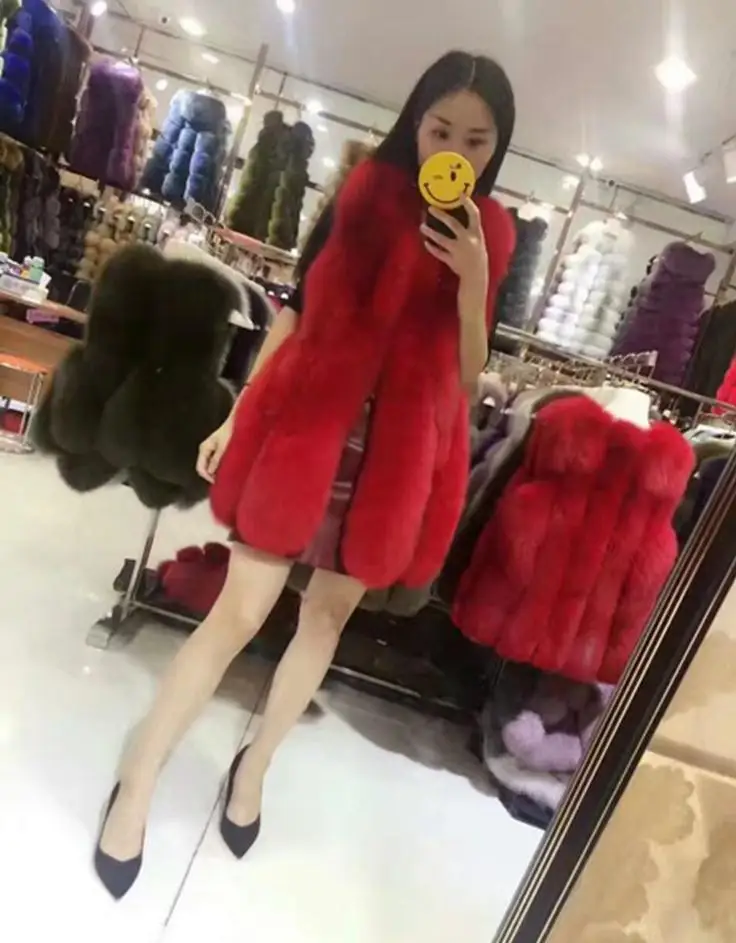 Red Роскошный зимний женский жилет из искусственного меха лисы, пальто без рукавов из искусственного меха, кардиган из искусственного меха норки, куртка, топы, Colete Feminino, большие размеры - Цвет: Red