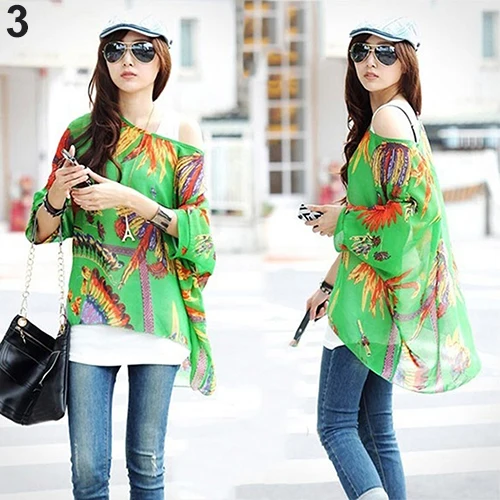 Для женщин летние богемные рукав &quotлетучая мышь&quot шифон склонны плечо блузка