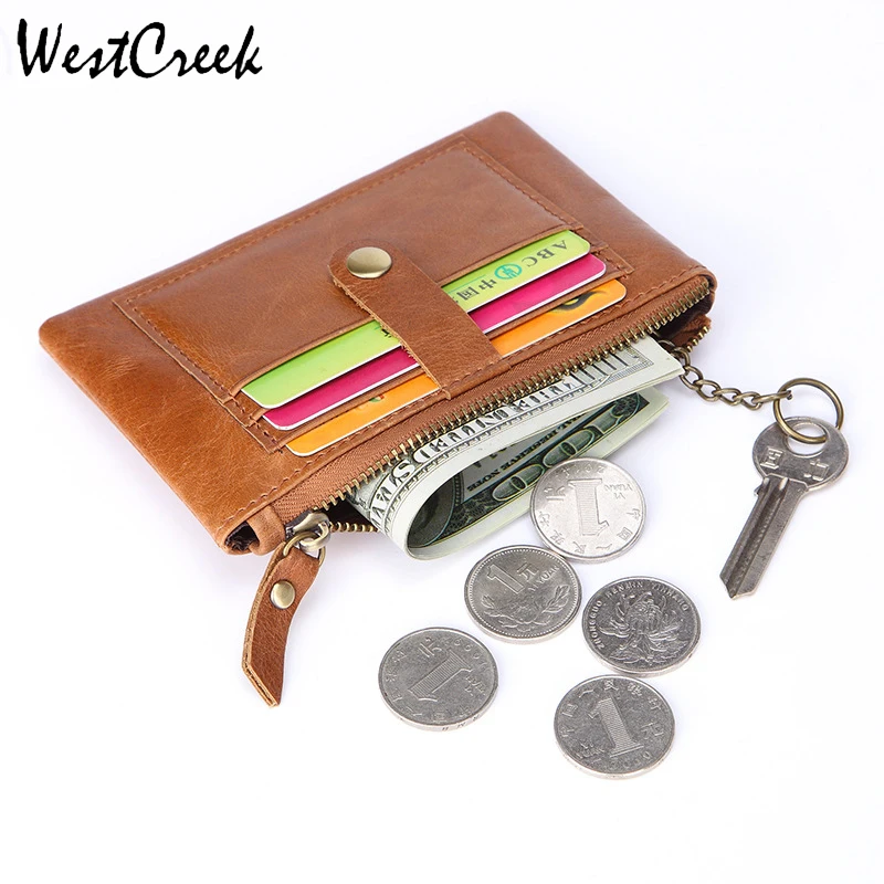

WESTCREEK Brand RFID Genuine Leather Men Zipper Thin Short Credit Card Holder Minimalist Travel Coin Purse with Key Ring