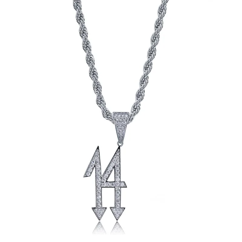 MISSFOX/хип хоп колье с надписью Lucky Number 14 и Men'S Name Позолоченное 3663 Льдом Из фианита