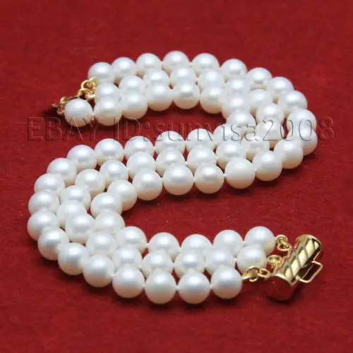 

Nobility Woman 3 rows 8mm white freshwater pearls bracelets 7.5-7.8" hook jewelryCZ Luxury Ms. girl