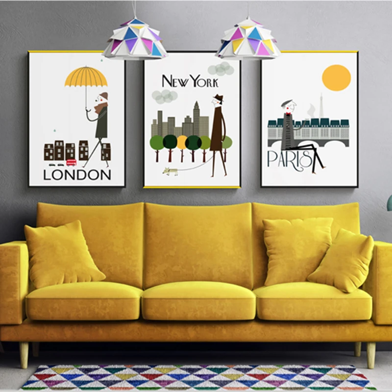 Nordic Cartoon City New York Wall Art Canvas Posters and Prints Modern Minimalist Painting Decorative Picture for Living Room | Дом и сад