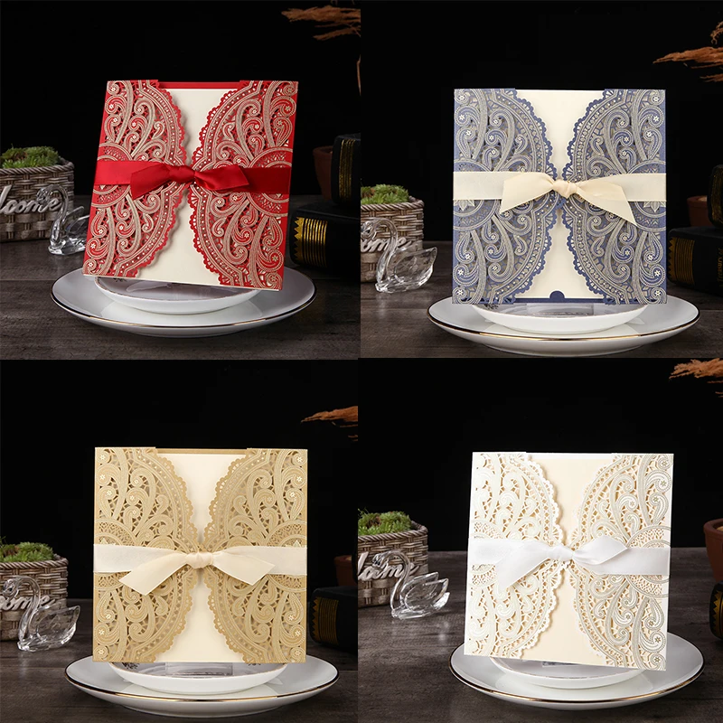 

1pcs Sample 4 Color Laser Cut Wedding Invitations Card lace Elegant Greeting Card WIth Ribbon Envelopes Wedding Party Decoration
