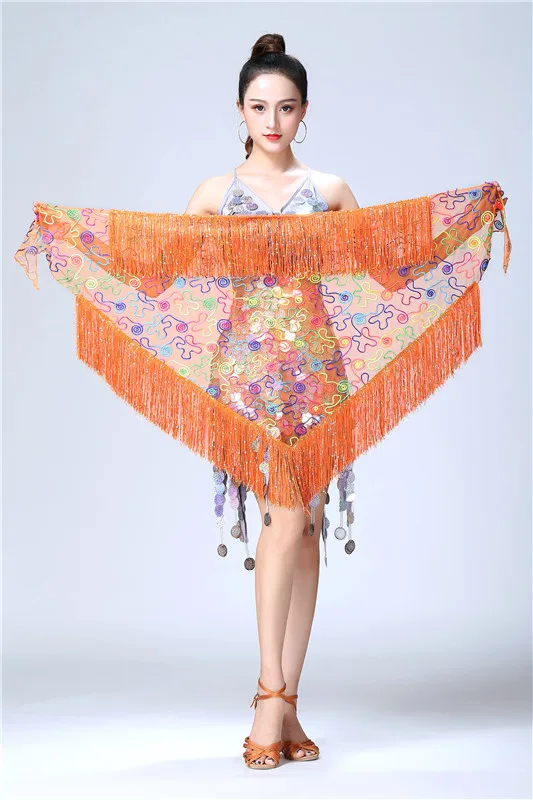 Orange Женские костюмы для танца живота, сетчатый шарф, треугольный Длинный кисточкой, Женская цепочка для талии, блестки, полотенце, пояс для танца живота, танцевальная одежда - Цвет: Orange