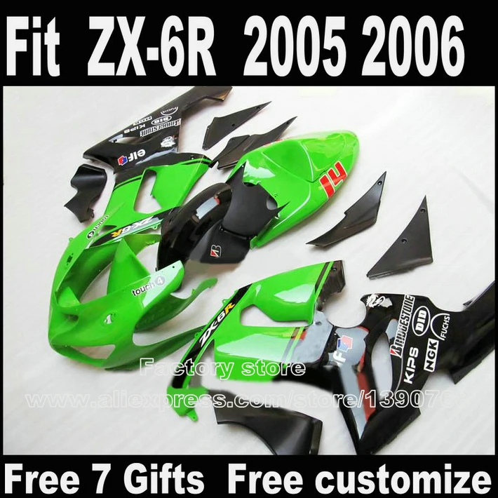 Низкая цена тело комплект для KAWASAKI ZX6R Обтекатели 2005 2006 пластик цвета: зеленый