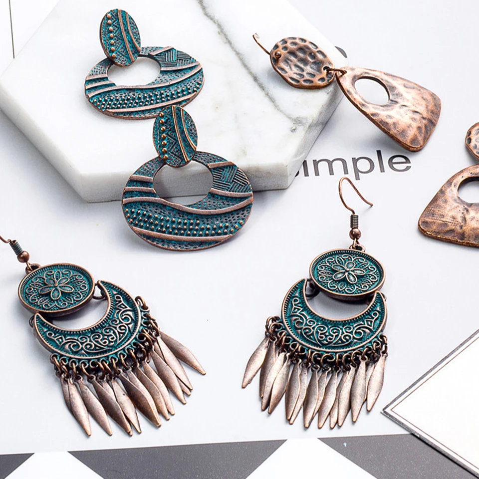 Exaggerate green metal alloy earrings for women Vintage leaf tassels earring Bohemia dangle drop moon flower branche big jewelry|earrings