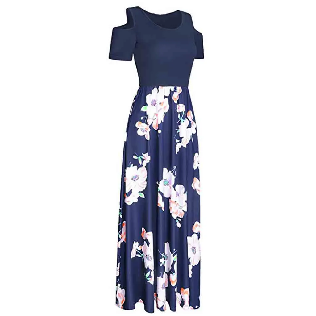 Women Cold Shoulder summer dress Pocket Floral Print Elegant Maxi Short Sleeve Casual dresses woman party night vestidos verano | Женская