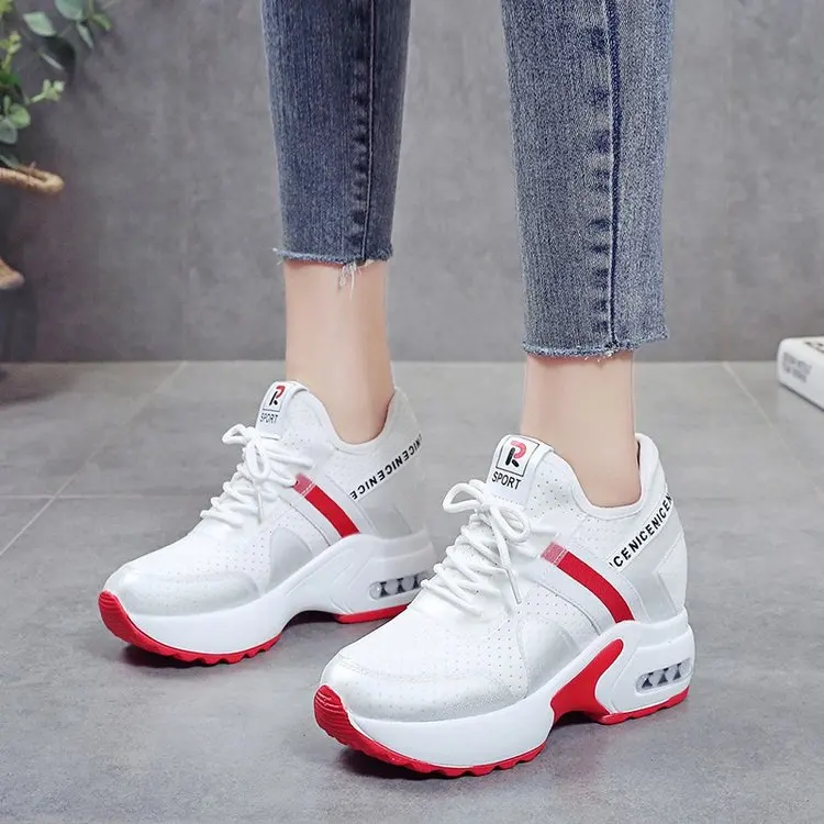 

XJRHXJR Fashion Mesh Leather Platform Evelator Shoes Women Swing Wedge Inner Increase 8.5cm Casual Shoes Platform Shoes