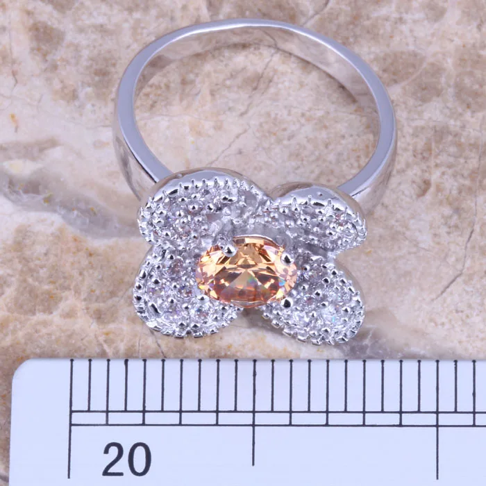 Женское кольцо цвета шампанского Morganite белое посеребренное с кубическим