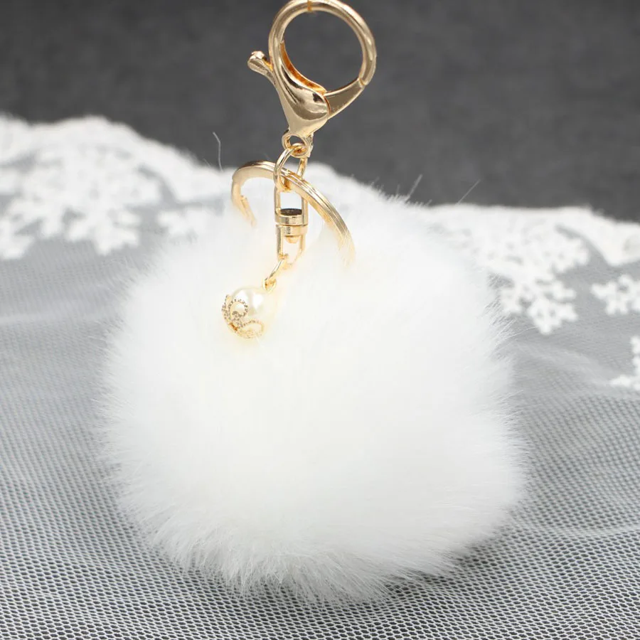 Big Faux Pearl Rabbit Fur Ball Keychain HandBag Ring Plush Porte Clef Artificial PomPom Key Chain Ornament Pom Pendant | Украшения и