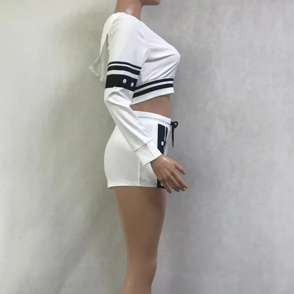 

3 Piece Women Suits Fashion Printed Long Sleeves Short Hoodies Tops And Shorts Set Zipper Pure Color Polyester Summer Spring