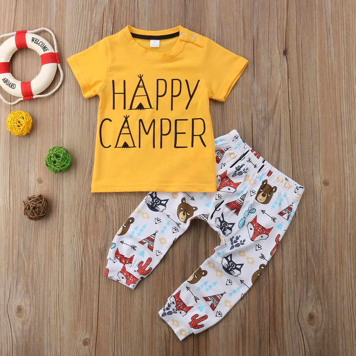 Casual Toddler Kids Boys happy camper Tops T-shirt +Cartoon Printed Pants 2Pcs Outfit Set Kid Clothes |