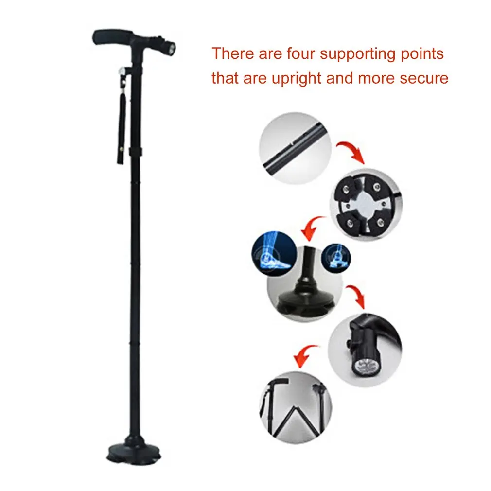 

LED Light Safety Walking Stick For Old Man Folding Trekking Poles T-handle Hiking Poles Cane Walking Stick For Elders Crutch