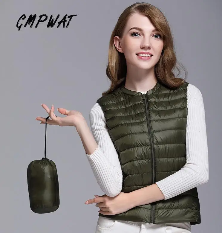 GMPWAT New Autumn Women White Duck Down Vest Ultra Light Jacket Winter Round Collar Peter Pan Slim Sleeveless Coat | Женская одежда