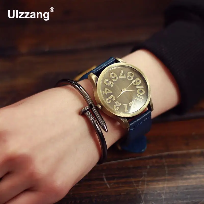 Модные Винтажные часы с большим номером и кожаным ремешком Кварцевые аналоговые