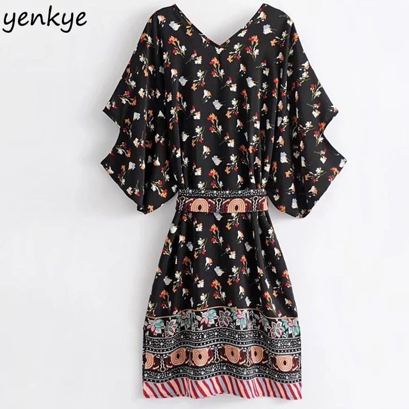 Boho Летнее платье 2018 Для женщин Винтаж черный с цветочным принтом Sexy V рукав