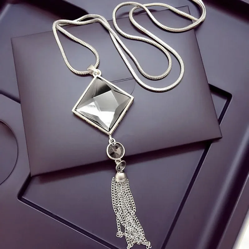 Модное женское ожерелье с подвеской квадратное большой и стразами длинная цепь - Фото №1
