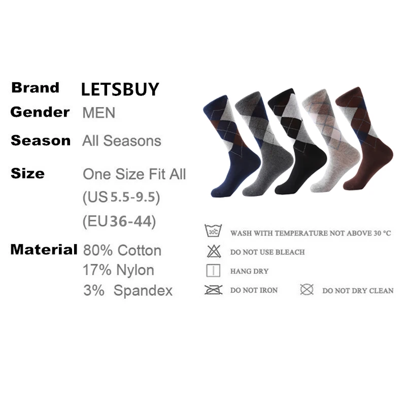 LETSBUY 10 pair/lot Men's socks solid color Cotton Socks Argyle pattern crew socks for business dress casual funny long socks