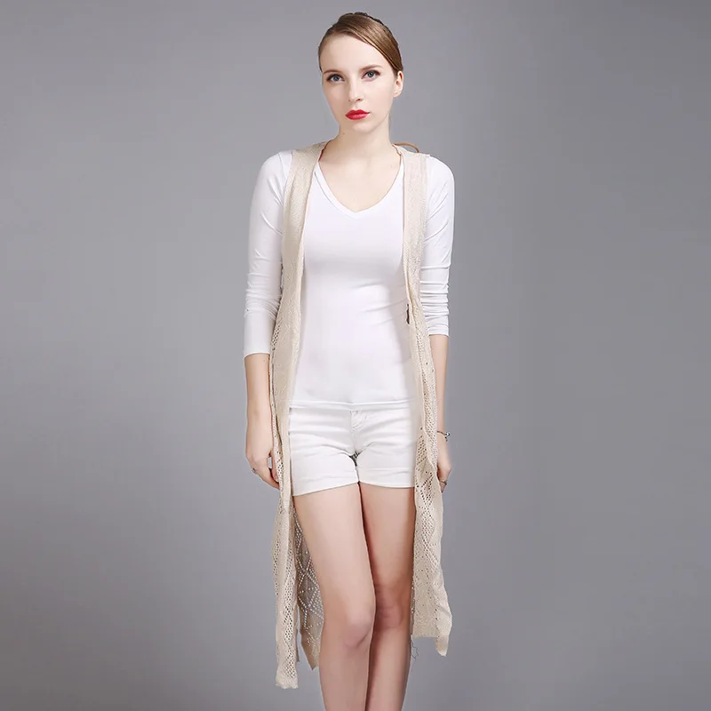 Женский длинный кардиган с перфорацией тонкий Свободный узором ромбиками без