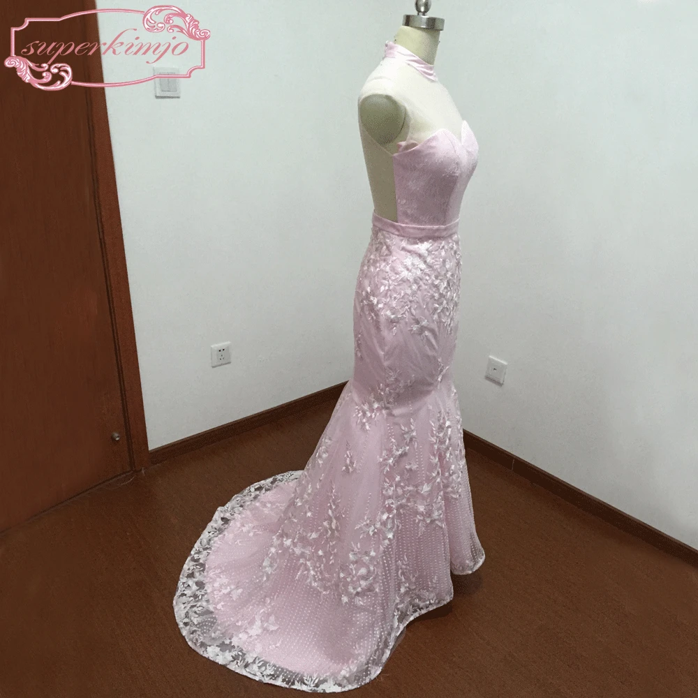 

Pink Prom Dresses High Neck Lace Beading Mermaid Court Train Evening Dresses Arabic Real