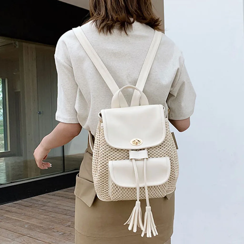 Straw woven backpack lady tassel summer girl student quality travel bag books backpack#g35 | Багаж и сумки