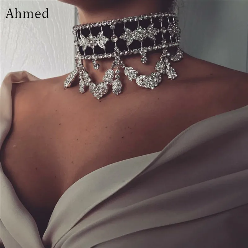 Ahmed Luxury Rhinestone Flower Pendant Lace Choker Necklace New Bijoux Maxi Statement Necklaces Collier Fashion Jewelry