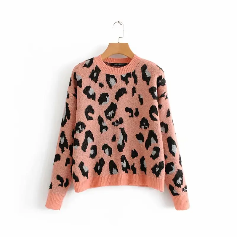 women fashion vintage leopard printing knitting casual sweater ladies o neck basic femme autumn pullovers chic tops S029 | Женская