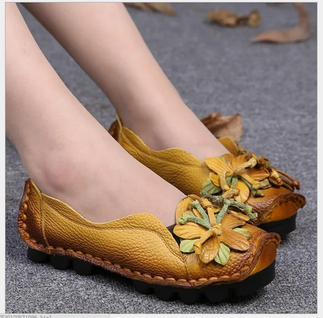 Women Genuine Leather Flat Shoes Woman Loafers 2021 New Fashion Women Casual Handmade Flower Women Flats