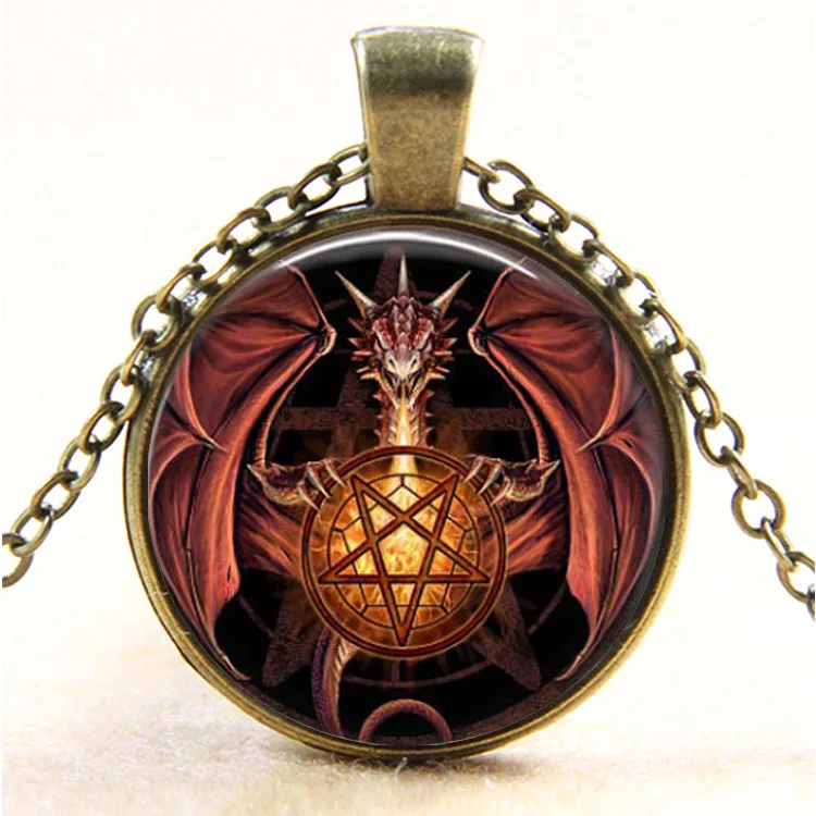 Ожерелье со стеклянной подвеской в виде дракона винтажное бронзовое