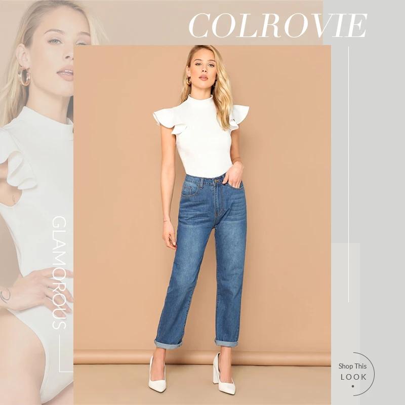 COLROVIE белый воротник-стойка с рюшами пройма узкая юбка-карандаш с узкие Элегантные классические боди Для женщин летние туфли-лодочки на молнии; офисные боди