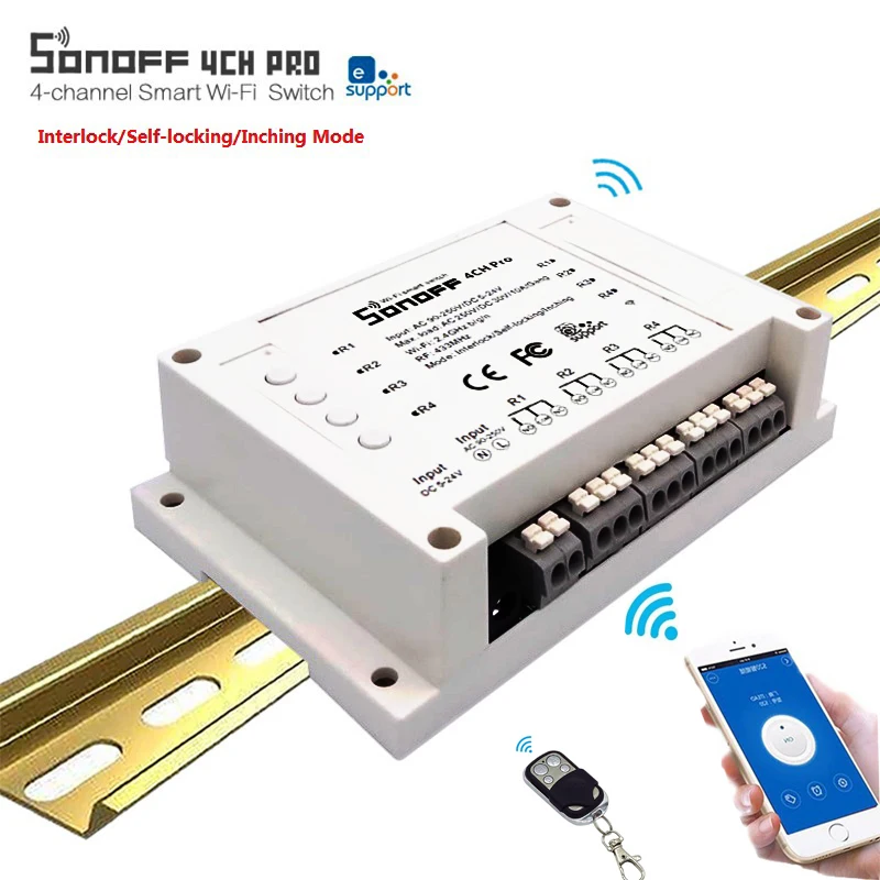 Sonoff 4CH Pro 4 канала WiFi RF Smart ON/OFF Пульт дистанционного управления Inching/Self Locking/Interlock/Timer
