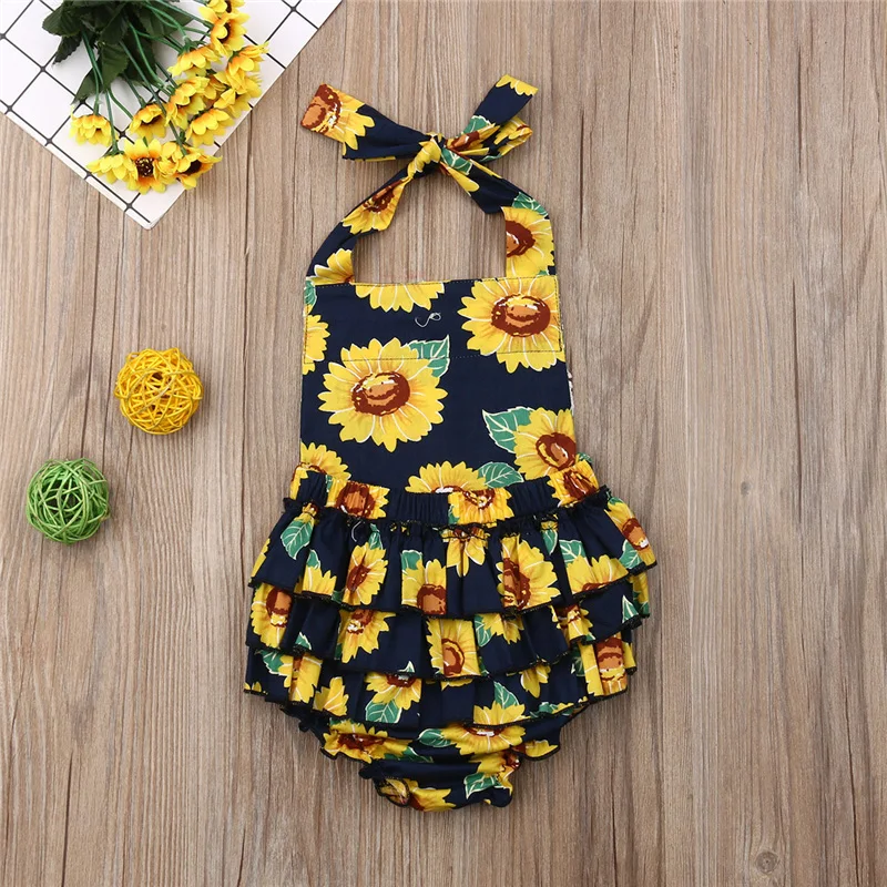 

2019 Summer Lovely Newborn Baby Girls Clothes Sunflower Halter Tassel Bodysuit Outfits Set Playsuit