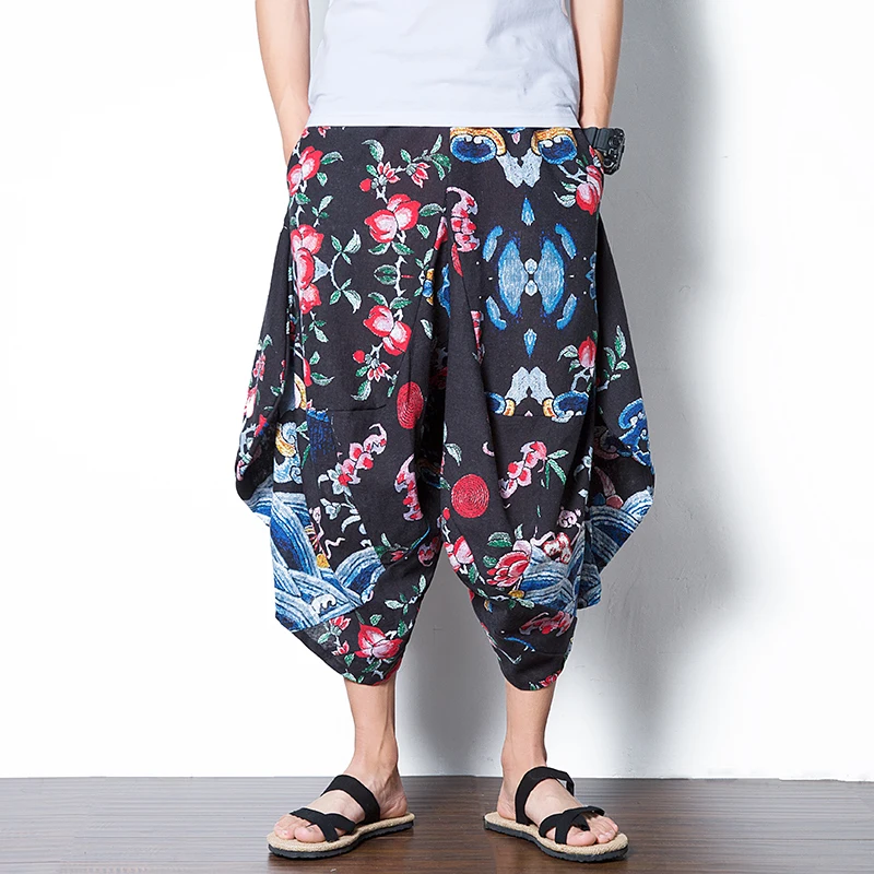 

2020 new Bloomers Summer Printing Seven Part Pants Male Easy Low Crotch Trousers Personality City Boy Trend Exquisite Fashion