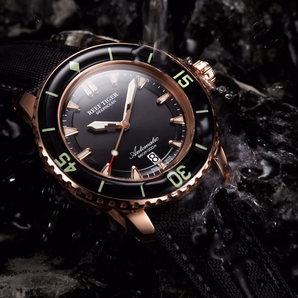 Мужские часы Reef Tiger водонепроницаемые автоматические швейцарские для дайвинга 200