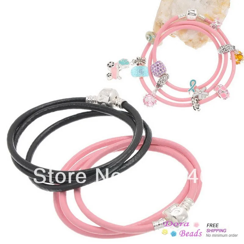 hot- Cowhide Leather European Charm Wrap Bracelets Triple Loop Black &amp Pink Snap Clasp &quotLove&quotCarved 57cm(22 4/8&quot) 2PCs (Z00105) |