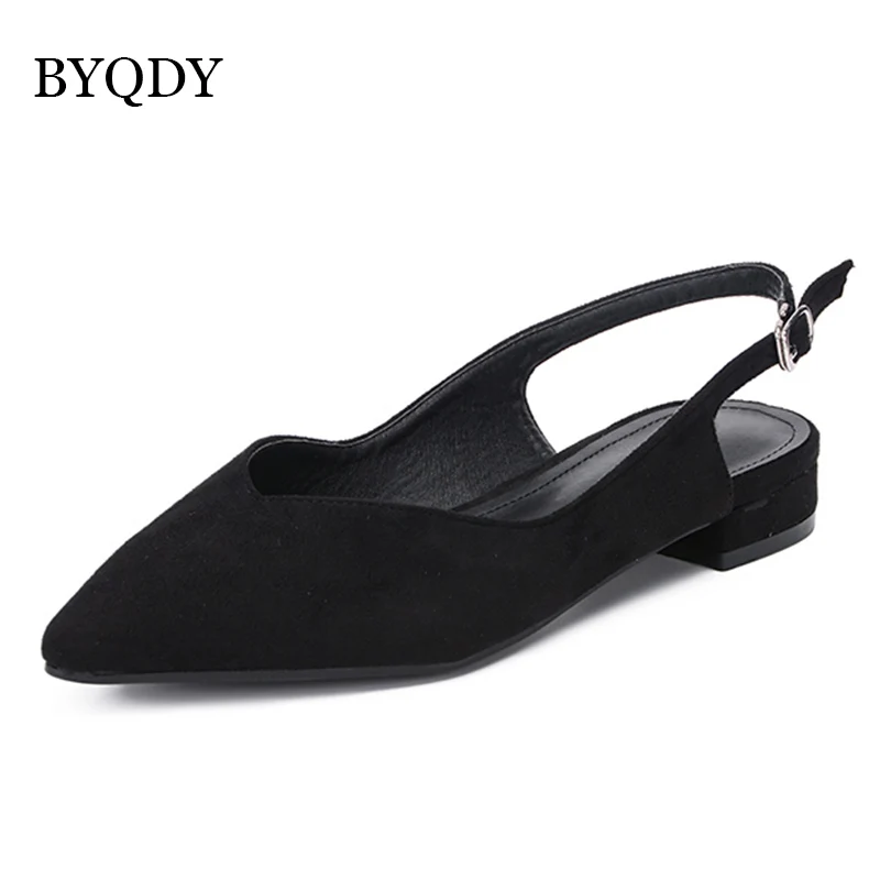 BYQDY/пикантные черные женские туфли-лодочки на низком каблуке; женская повседневная обувь из флока с пряжкой; женские слинбэки с острым носком; сезон весна; русская обувь