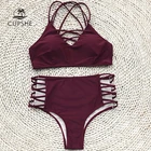 Женский купальник-бикини CUPSHE, бордовый, с завышенной талией, с вырезом, однотонный, на шнуровке, Раздельный купальник, 2021