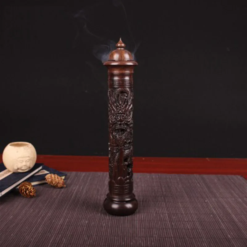 Ebony Sour Twig Wood Carved Dragon Vertical Incense Burner Handmade Censer Aromatherapy Furnace Round Burne | Дом и сад