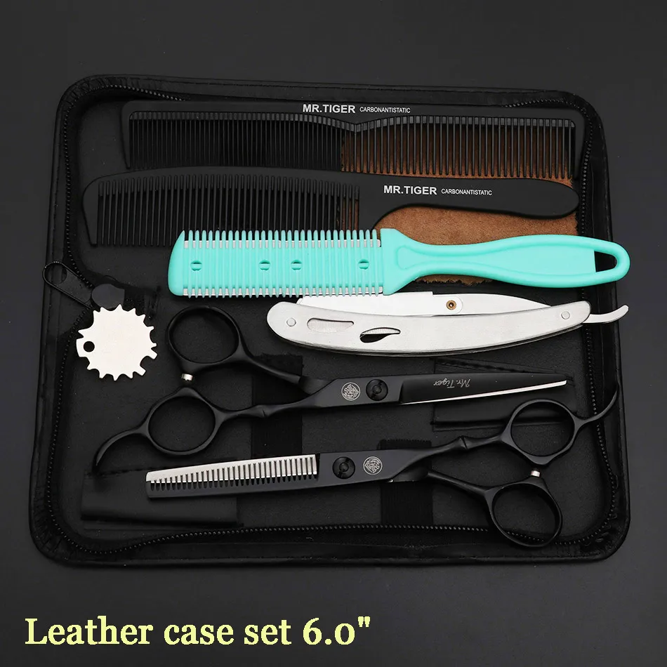 leather case set Япония Сталь 5,5 6,0 Профессиональный Парикмахерские ножницы набор ножниц для парикмахерской стрижки ножницы, ножницы стрижка - Цвет: leather case set