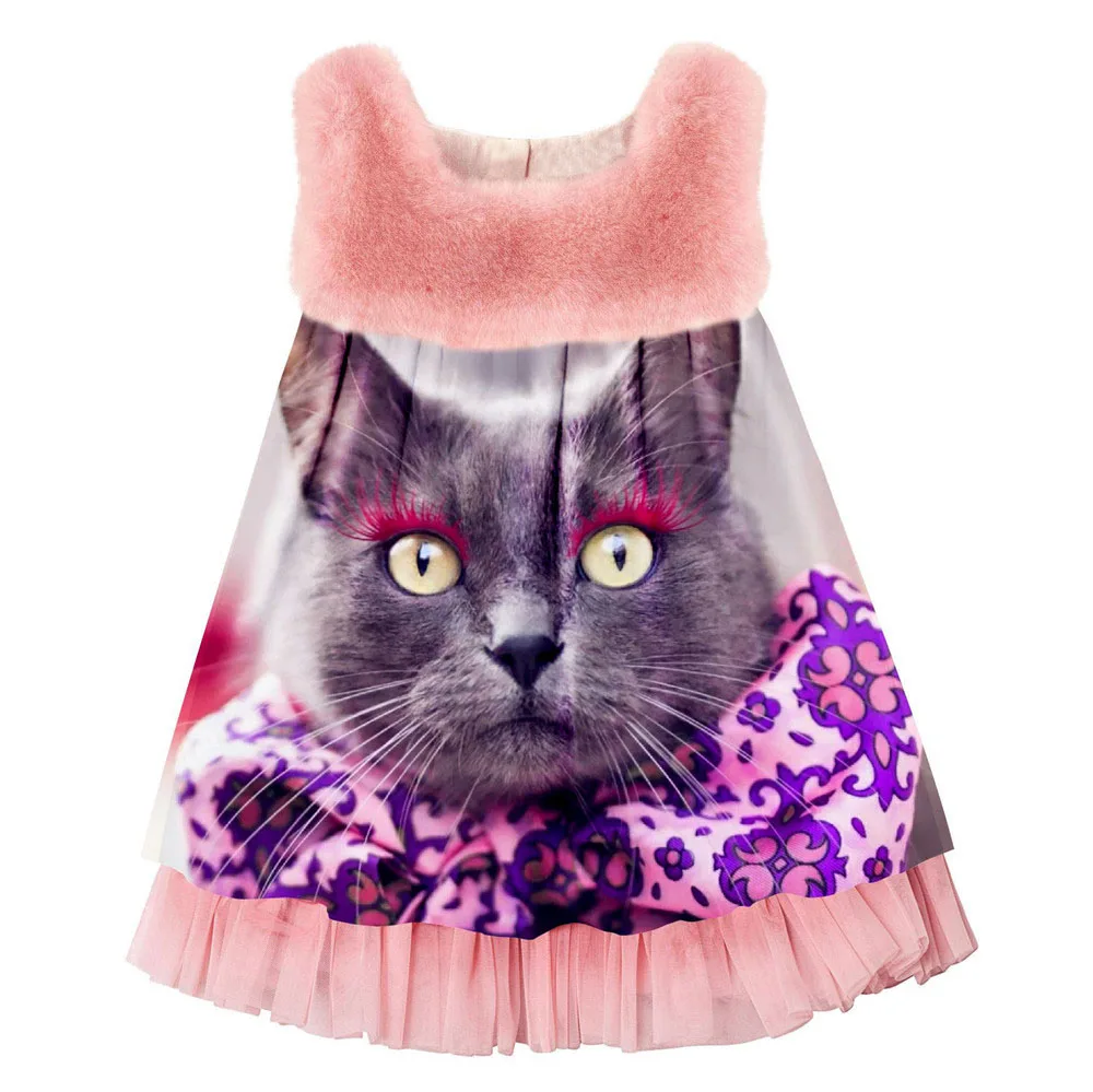 baby Girls Dress fashion Cute Animal printing Spring/Autumn faux fur sleeve girls dress Toddler Kids Dresses Children Clothing | Детская