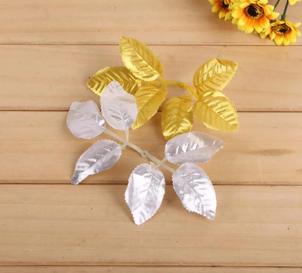 

100pcs Gold/Silver Artificial Silk Rose Leaf Leaves For Bouquet Garland Wreath Cap Decoration Flower Making Craft DIY