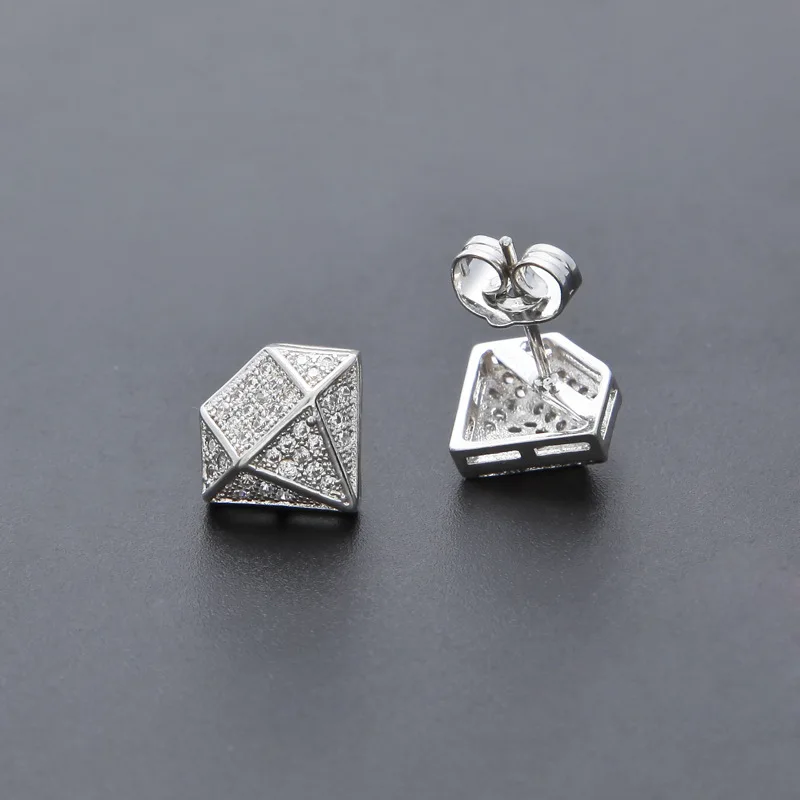 Хип-хоп CZ камень проложили Bling Ice Out Золотая Сережка-гвоздик серебро медь геометрический ромб мужские серьги-гвоздики рэппер ювелирные изделия