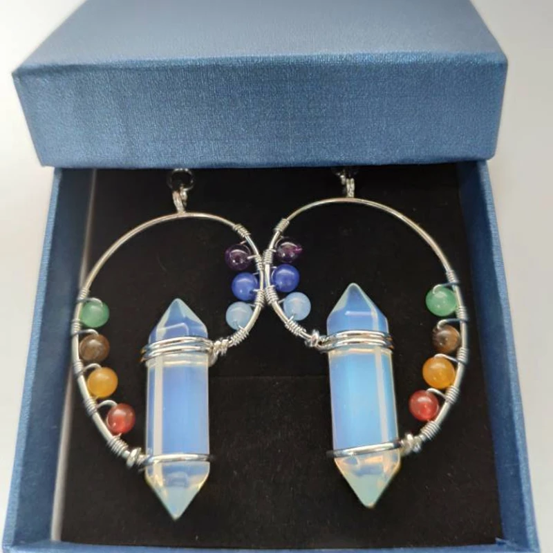 JOYA Fashion 7 Chakra Natural Stone Hexagonal Column 925 Sterling Silver Yoga Treatment Department Exaggerated Women's Earrings