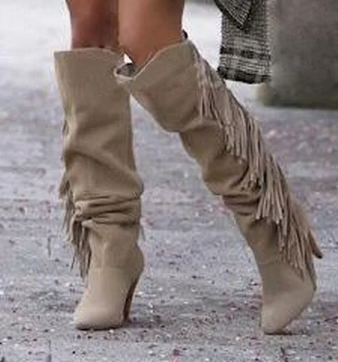 Latest name tassel knee high women winter boots fashion side fringe high heel long suede leather boots hot selling boots