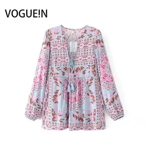 VOGUE!N новый женский винтажный этнический пуловер с бантом и цветочным принтом, блузка, топы, рубашка